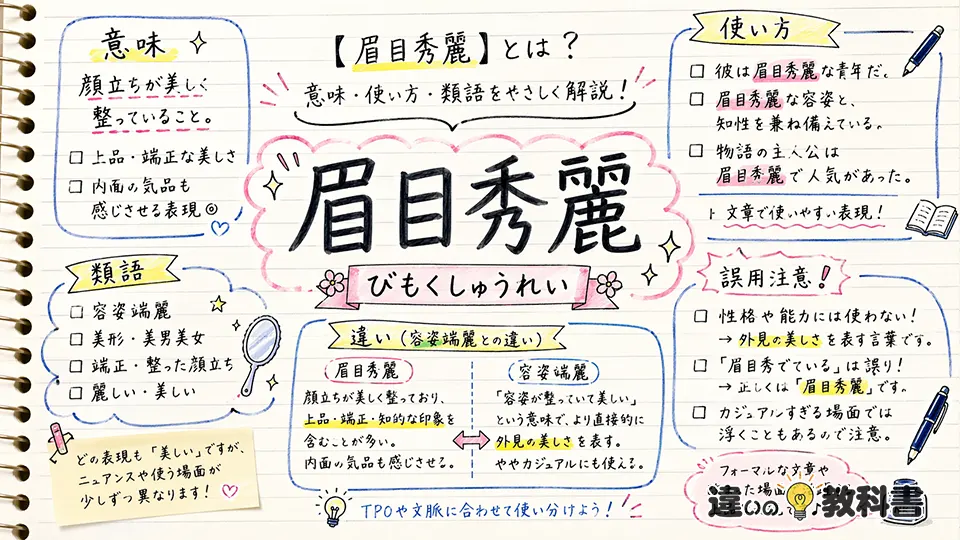眉目秀麗(びもくしゅうれい)の意味や使い方【図解Note】