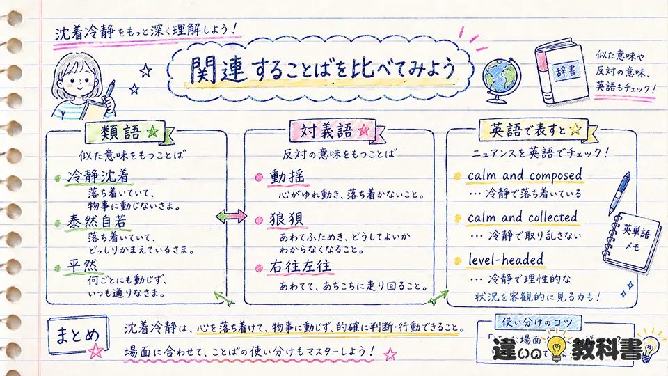 沈着冷静の意味を深める類語・対義語・英語