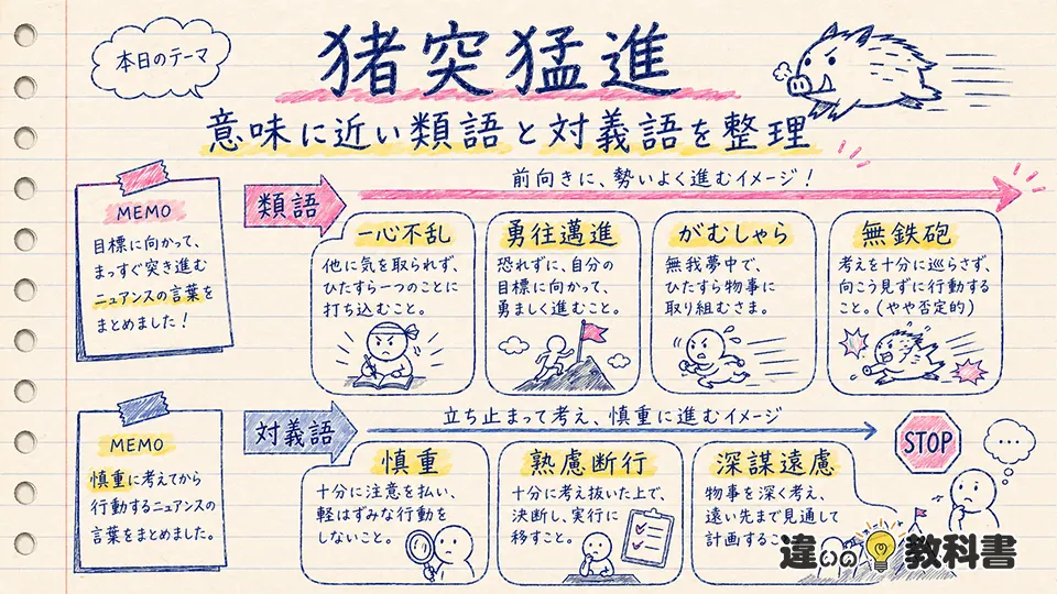 猪突猛進 意味に近い類語と対義語を整理