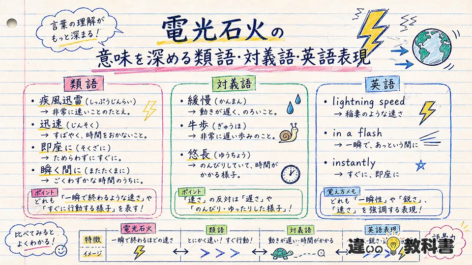 電光石火の意味を深める類語・対義語・英語表現