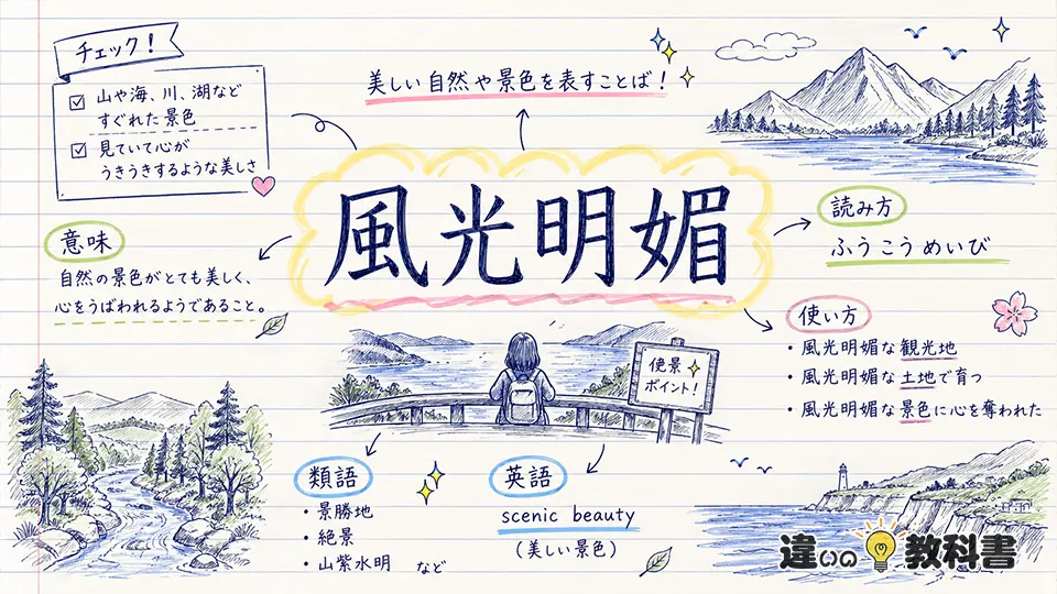 風光明媚(ふうこうめいび)の意味や使い方【図解Note】