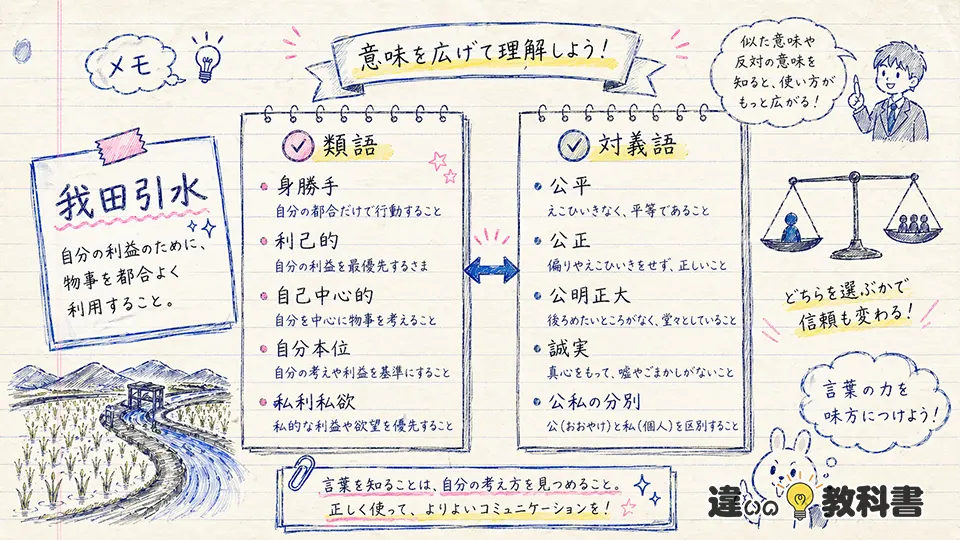 我田引水の意味とあわせて知りたい類語・対義語