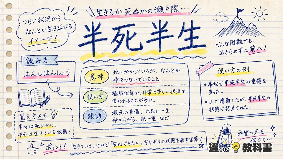 半死半生(はんしはんしょう)の意味や使い方【図解Note】