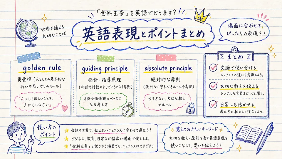 金科玉条の意味と英語表現・まとめ