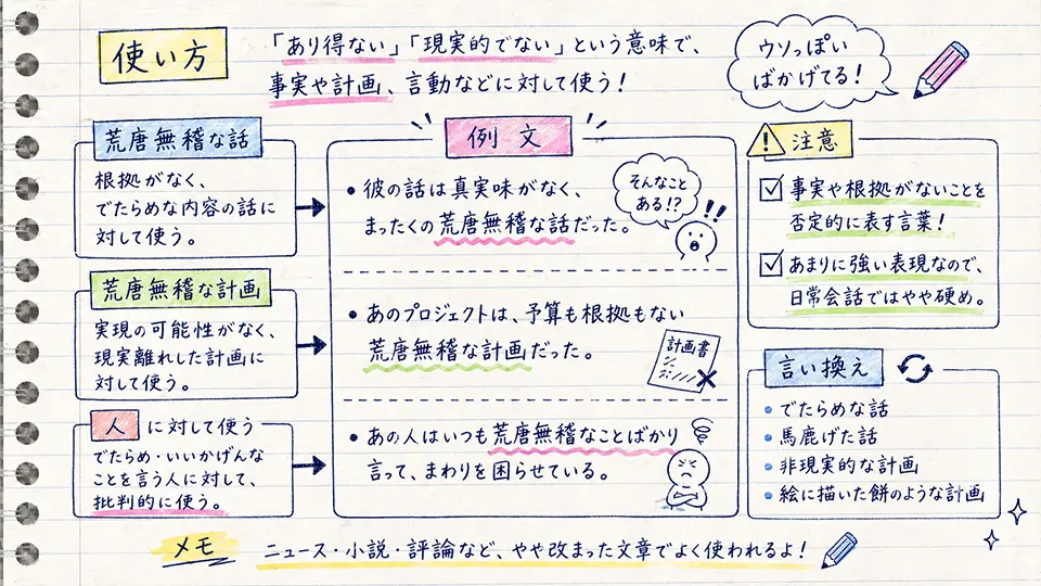 荒唐無稽の意味と使い方を例文で確認する