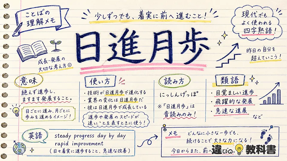 日進月歩(にっしんげっぽ)とは？意味・使い方・類語を解説