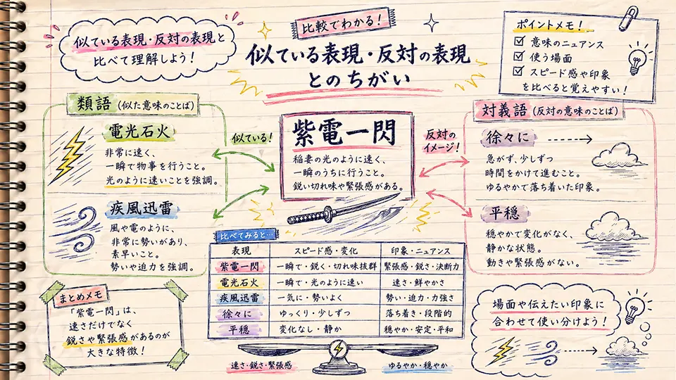 紫電一閃の意味を類語や対義語と比較