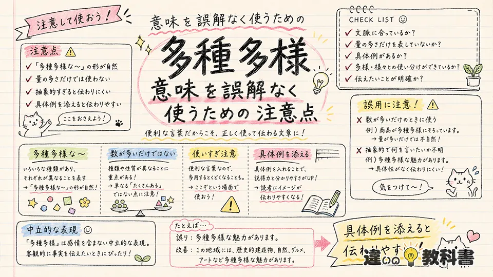 多種多様(たしゅたよう)の意味や使い方【図解Note】