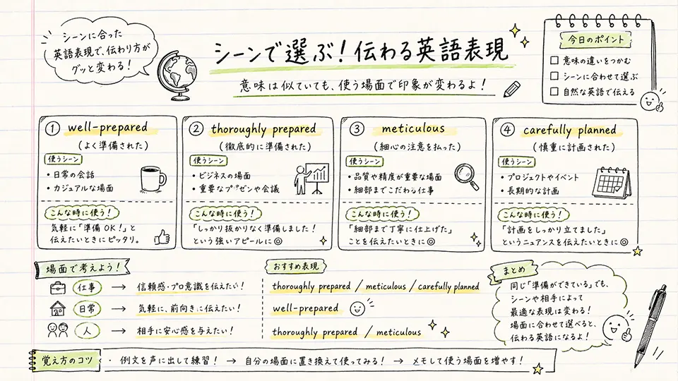 用意周到の意味を英語表現と場面別に使い分ける