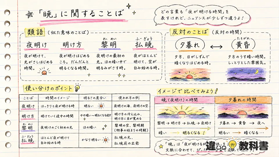 暁の意味を深める類語・反対語・使い分け