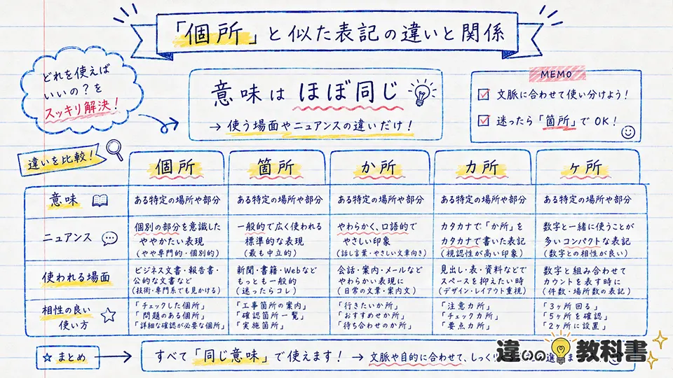 個所の意味と箇所・カ所・ヶ所の違い