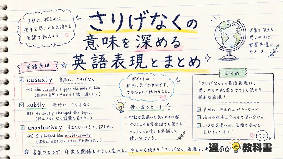 さりげなくの意味を深める英語表現とまとめ