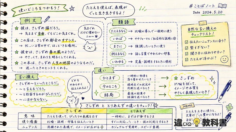 さしずめの意味が伝わる例文と自然な言い換え