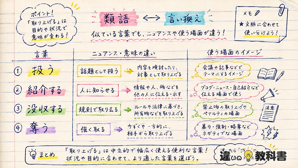 取り上げるの意味と類語・言い換えの違い