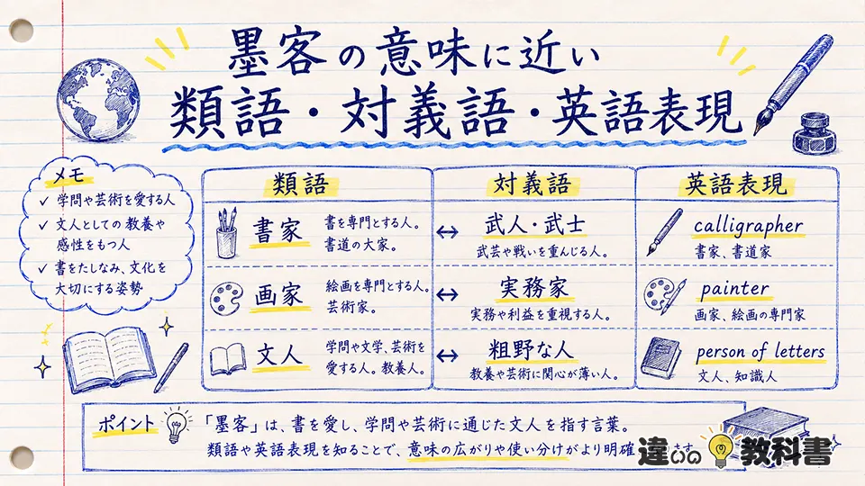 墨客の意味に近い類語・対義語・英語表現