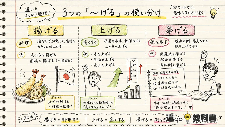 揚げるの意味と「上げる」「挙げる」の違い