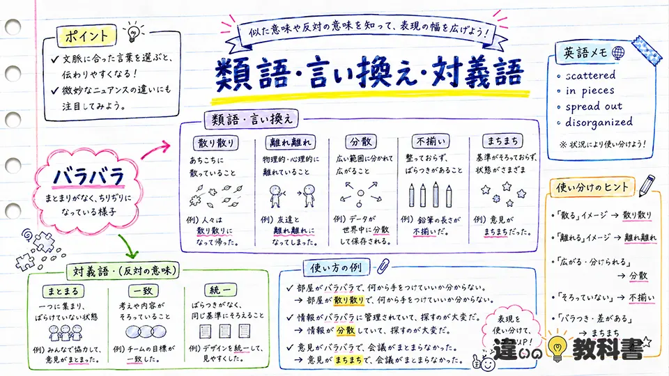 バラバラの意味に近い類語・言い換え・対義語