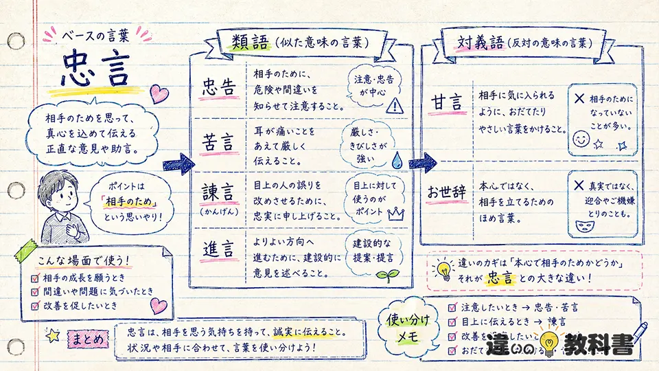 忠言の意味と類語・対義語の違い