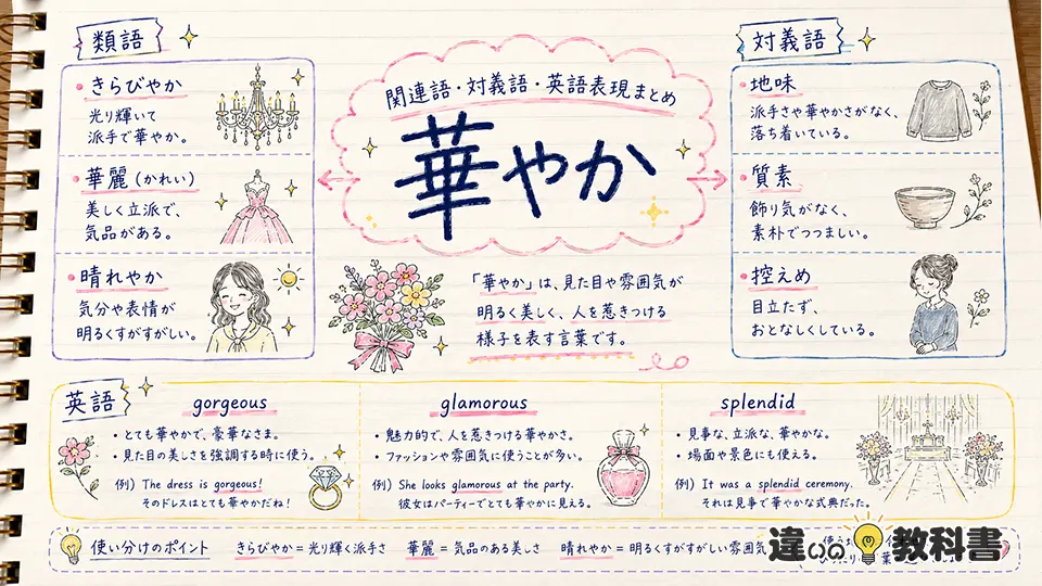華やかの意味を深める類語・対義語・英語表現