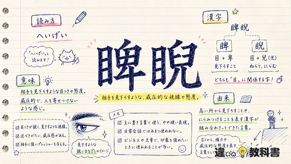睥睨の意味とは?読み方・漢字・由来をわかりやすく解説