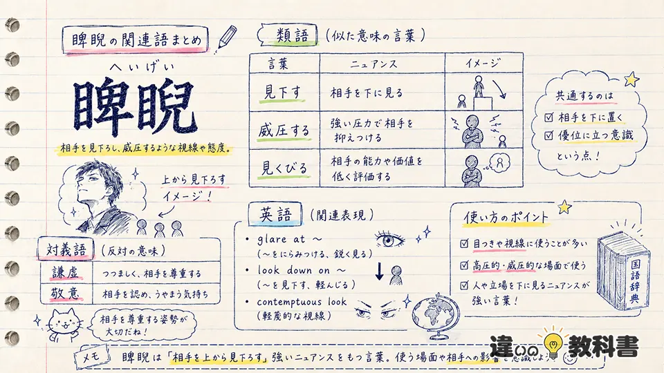 睥睨の意味に近い類語・対義語・英語表現