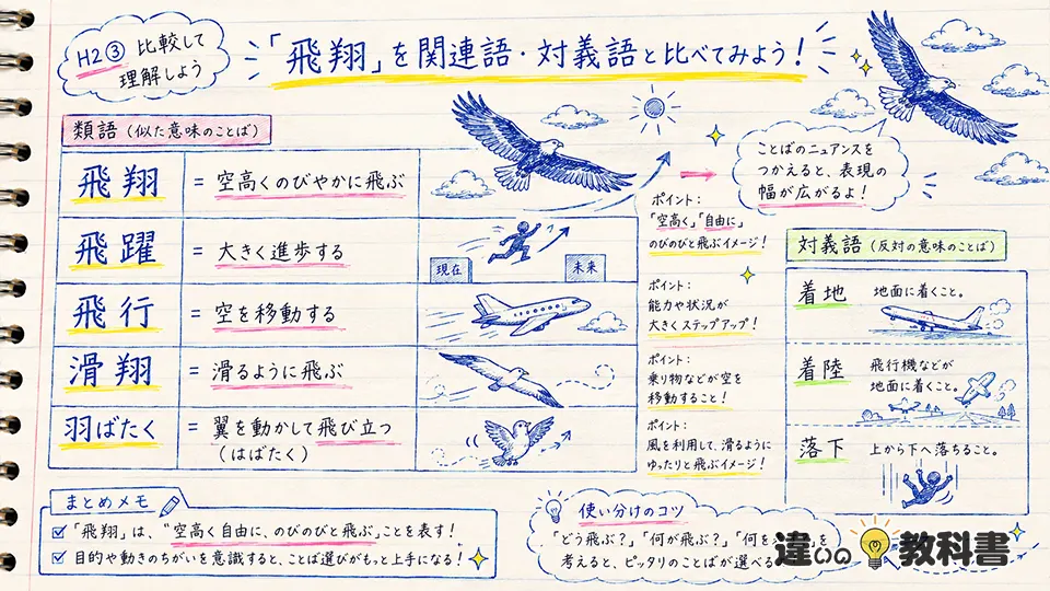 飛翔の意味と類語・対義語｜飛躍・飛行・滑翔との違い