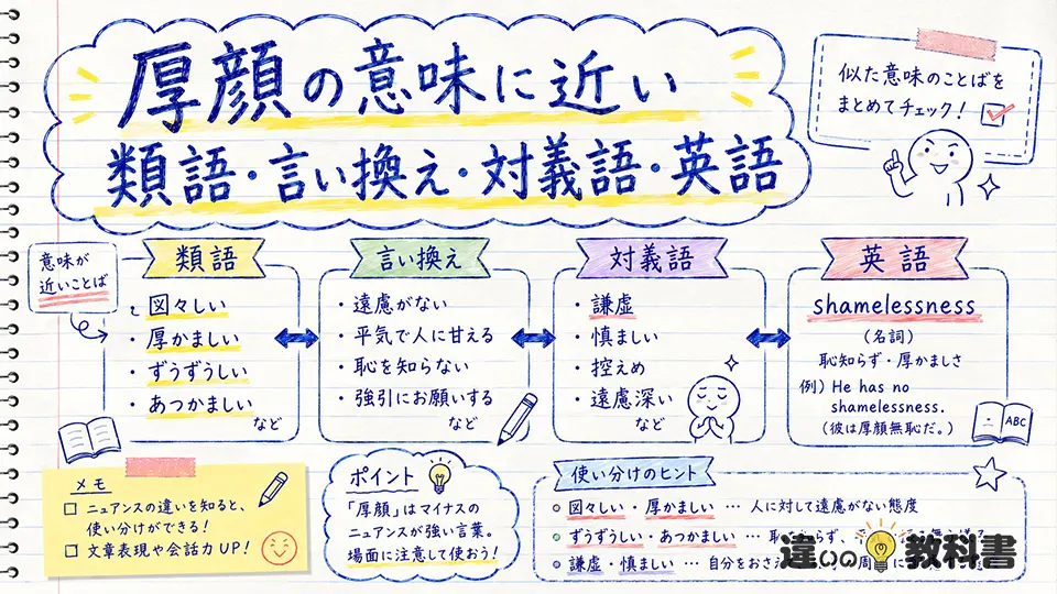 厚顔の意味に近い類語・言い換え・対義語・英語