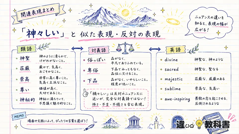 神々しいの意味に近い類語・対義語・英語表現