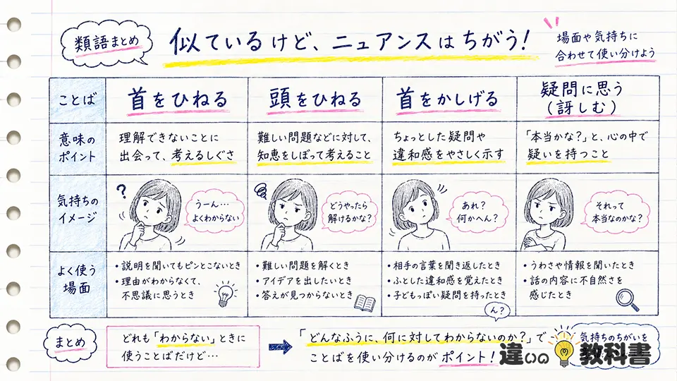首をひねるの意味と似た表現の違い