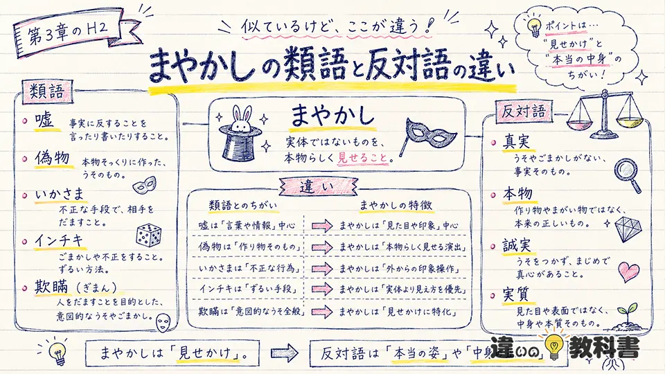 まやかしの意味と類語・対義語の違い