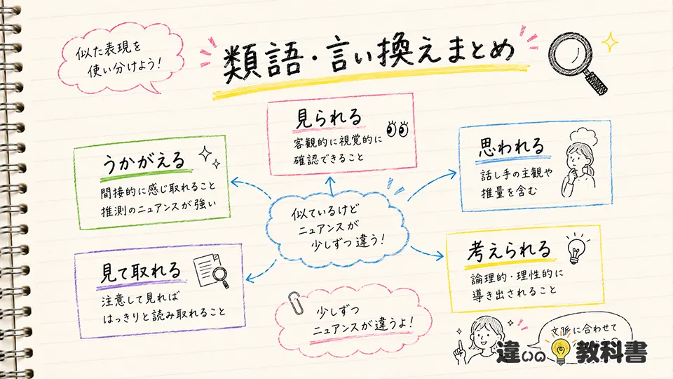 見受けられるの意味に近い類語・言い換え表現