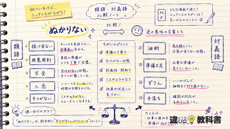 ぬかりないの意味と類語・対義語の違い
