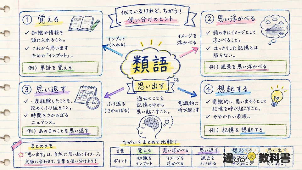 思い出すの意味に近い類語・言い換えと違い