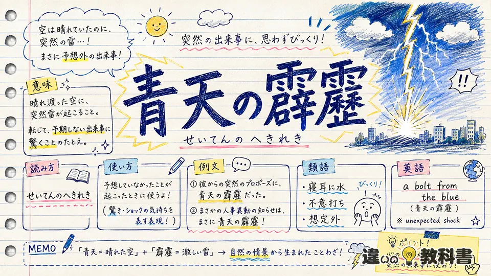 青天の霹靂（せいてんのへきれき）の意味や使い方【図解Note】