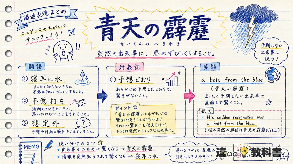 青天の霹靂の意味に近い類語・対義語・英語表現