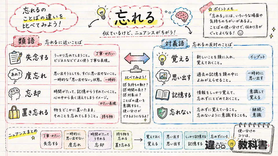 忘れるの意味と類語・対義語の違い