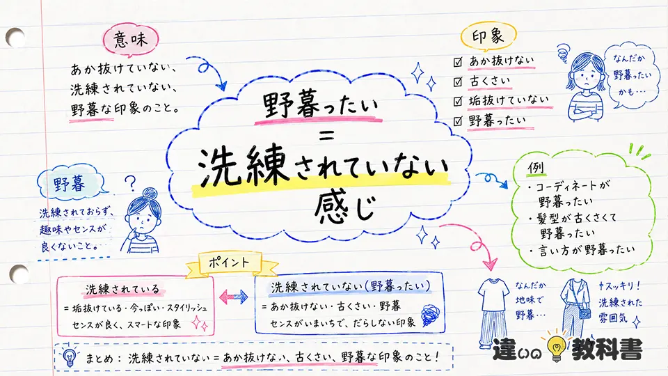 野暮ったいの意味を一言でいうと「洗練されていない感じ」