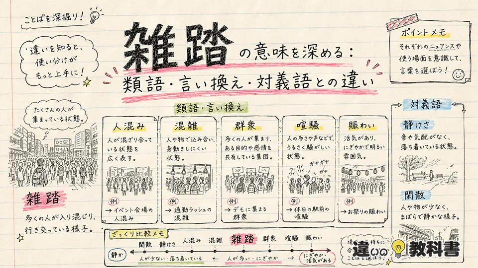 雑踏の意味を深める:類語・言い換え・対義語との違い