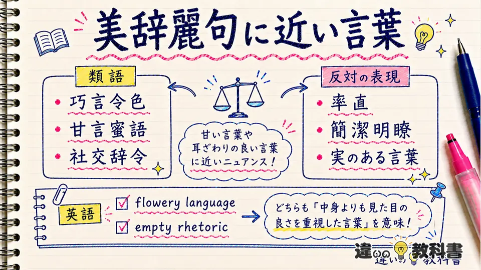 美辞麗句の意味に近い類語・言い換えと対義語