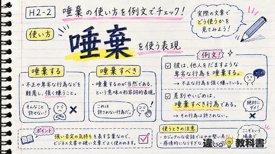 唾棄の意味を踏まえた使い方|「唾棄する」「唾棄すべき」の例文