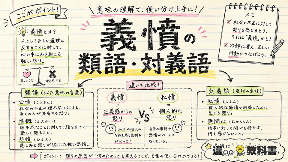 義憤の意味と類語・対義語|公憤・私憤・憤慨との違い