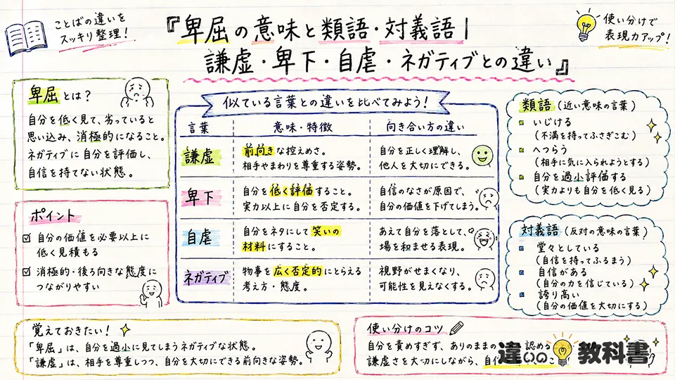 卑屈の意味と類語・対義語｜謙虚・卑下・自虐・ネガティブとの違い