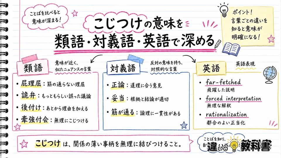 こじつけの意味に近い類語・四字熟語・対義語・英語表現