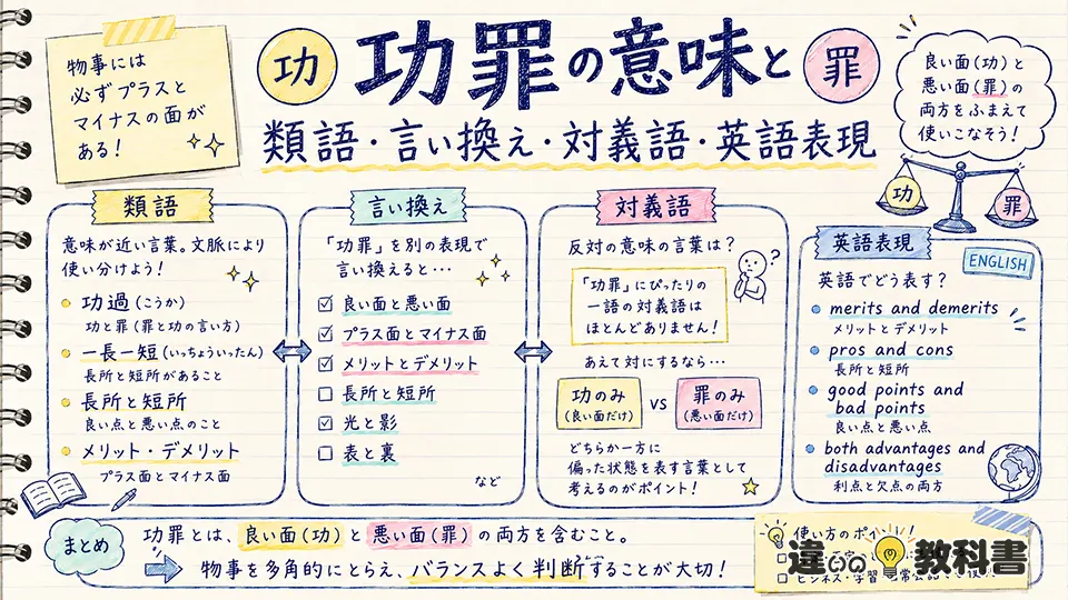 功罪の意味と類語・言い換え・対義語・英語表現