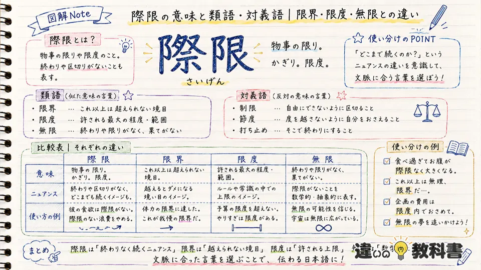 際限の意味と類語・対義語｜限界・限度・無限との違い