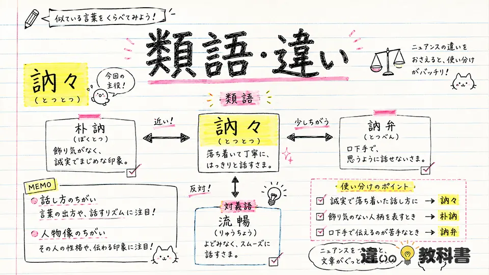 訥々の意味と類語・対義語の違い｜朴訥・訥弁とも比較