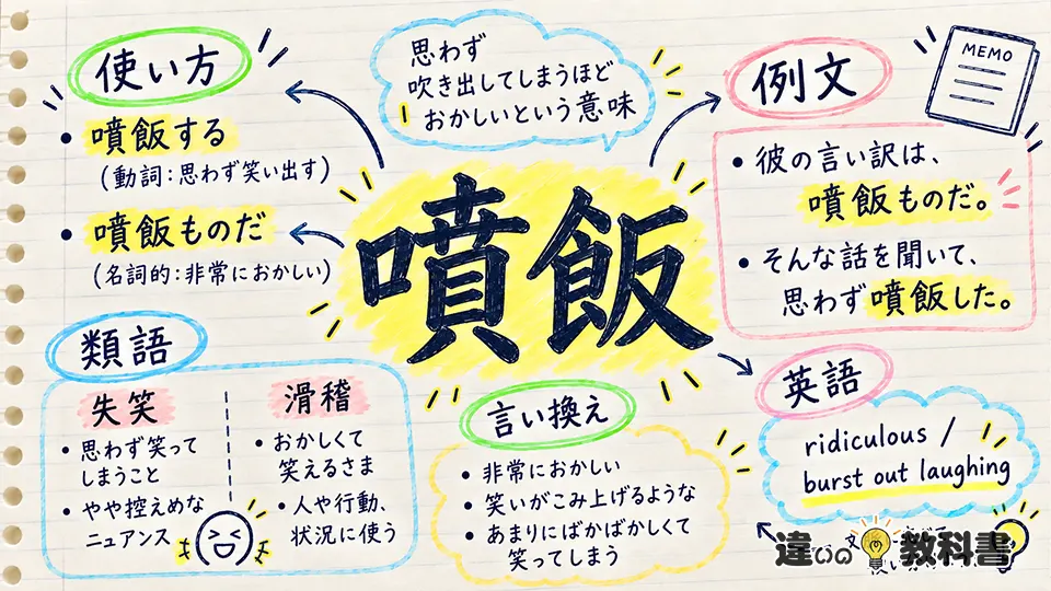 噴飯の意味が伝わる使い方・例文と言い換え表現