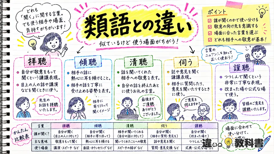 拝聴の意味と類語の違い｜謹聴・傾聴・清聴・伺うの使い分け