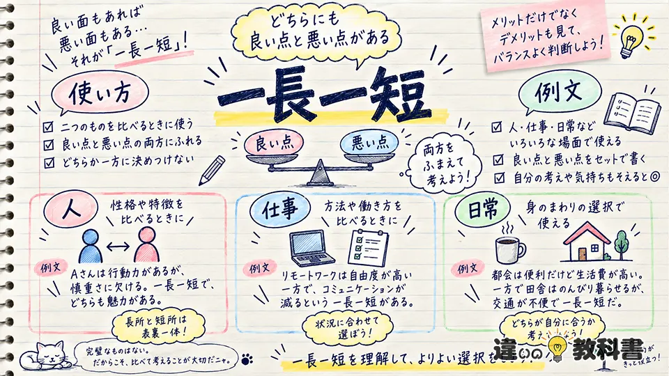 一長一短の意味と類語・言い換え・対義語｜一利一害や諸刃の剣との違い