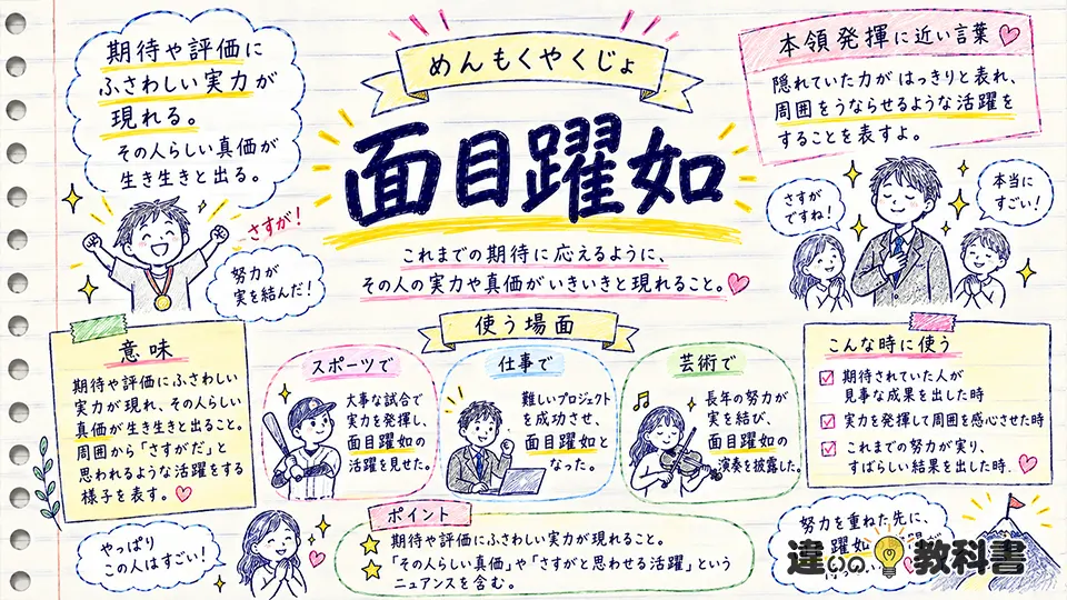 面目躍如（めんもくやくじょ）の意味や使い方【図解Note】